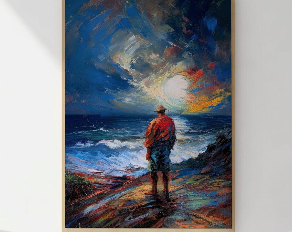 Moonlit Sea Watcher Impressionist Ocean Oil Painting Art Print