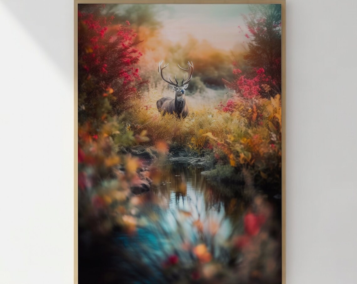 Majestic Stag Deer Autumn River Forest Nature Photography Wall Art