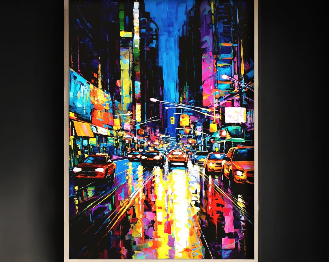 New York City Neon Street Rainy Night Cyberpunk Cityscape Wall Art