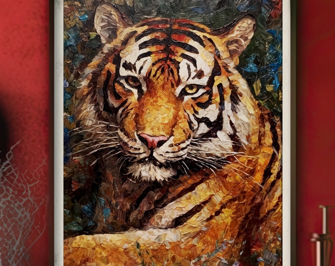 Majestic Tiger Face Close Up Impasto Oil Painting Wildlife Poster