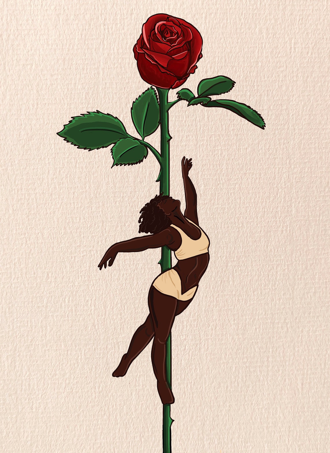 Black Pole Dancer Red Rose Stem Minimalist Floral Illustration Poster - Image 4