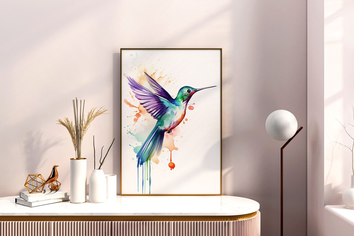 Vibrant Purple Hummingbird Watercolor Splash Flying Bird Art Poster - Image 4