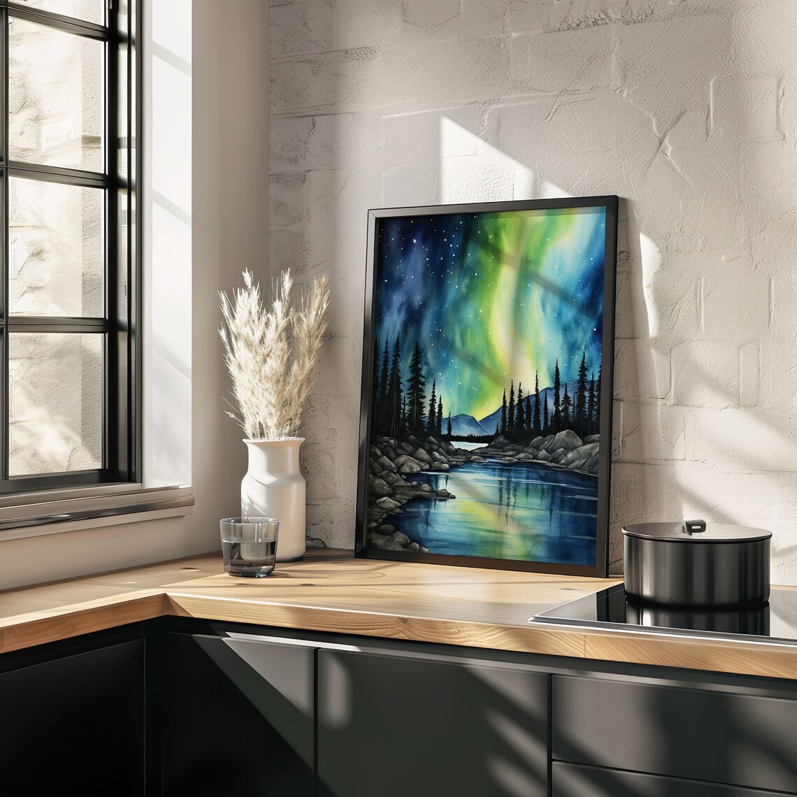 Northern Lights Aurora Pine Forest Lake Watercolor Night Sky Poster - Image 5