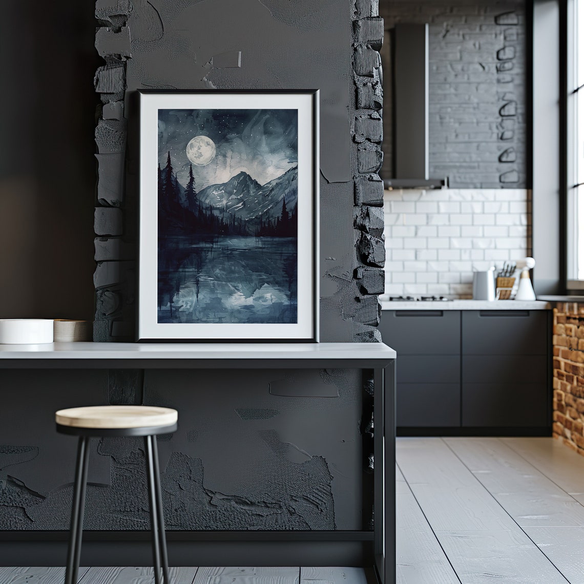 Full Moon Over Mountain Lake Watercolor Starry Night Art Poster - Image 2