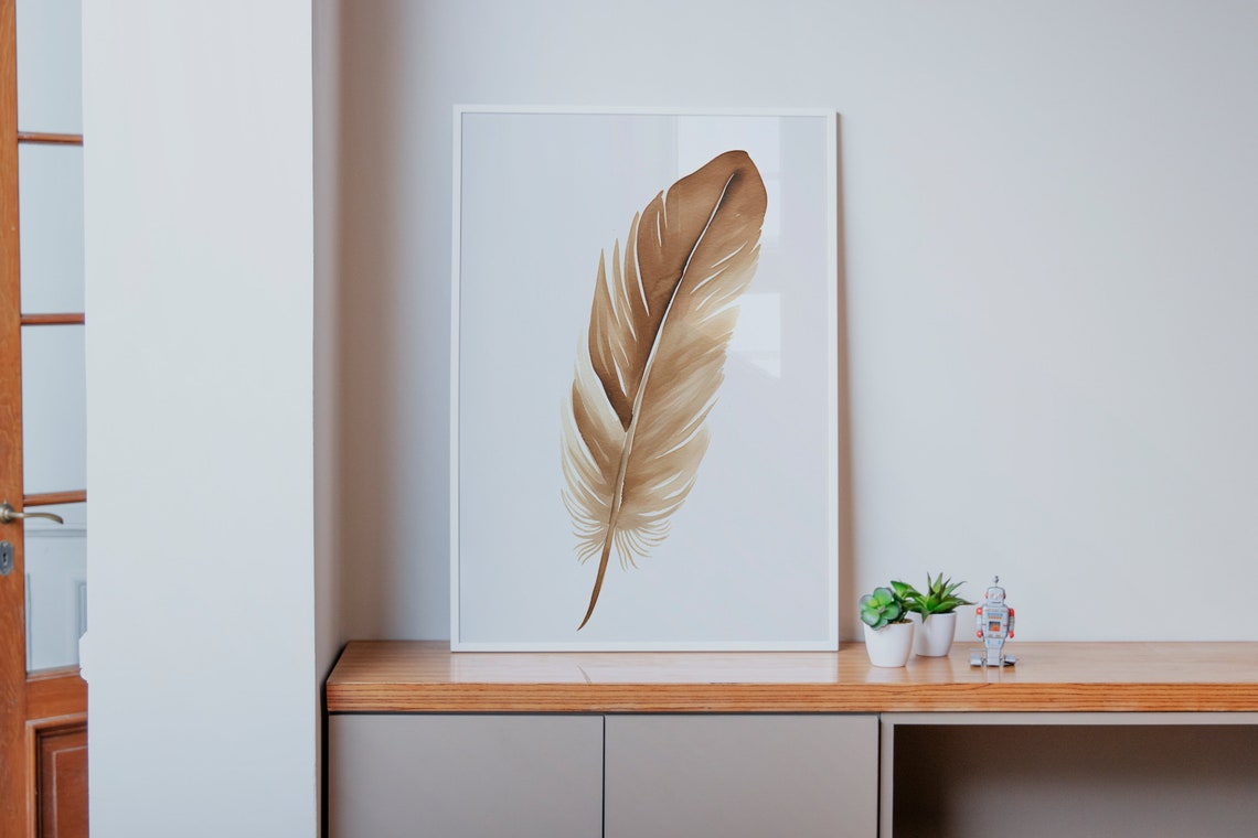 Brown Feather Watercolor Warm Neutral Modern Minimalist Wall Art - Image 4