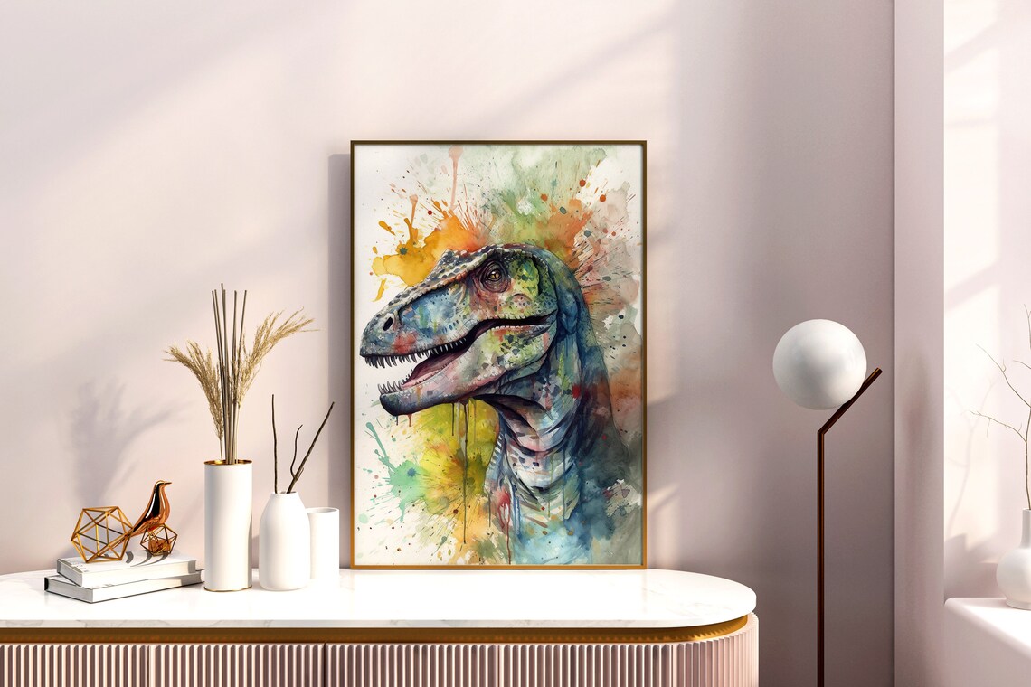T Rex Colorful Watercolor Portrait Dinosaur Head Splash Art Poster - Image 4