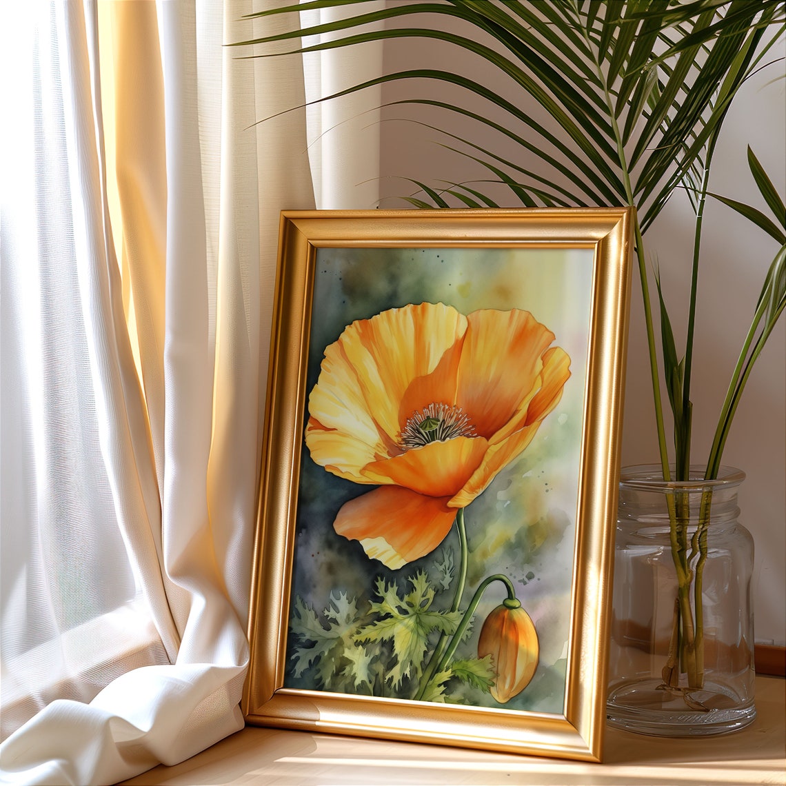 Orange Poppy Flower With Bud Watercolor Rustic Botanical Art Poster - Image 4