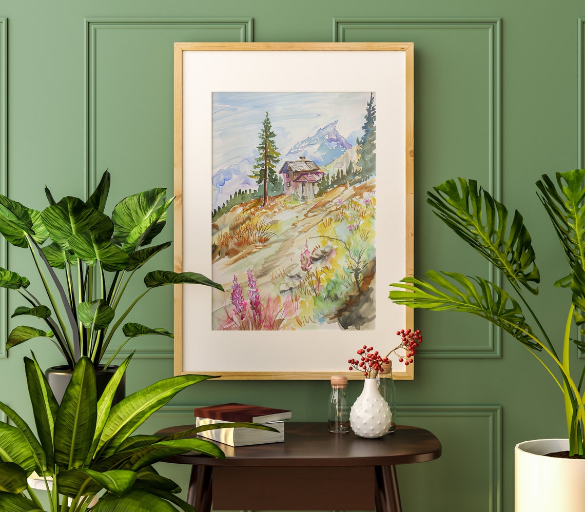 Mountain Cabin Watercolor Alpine Wildflowers Summer Art Poster - Image 2