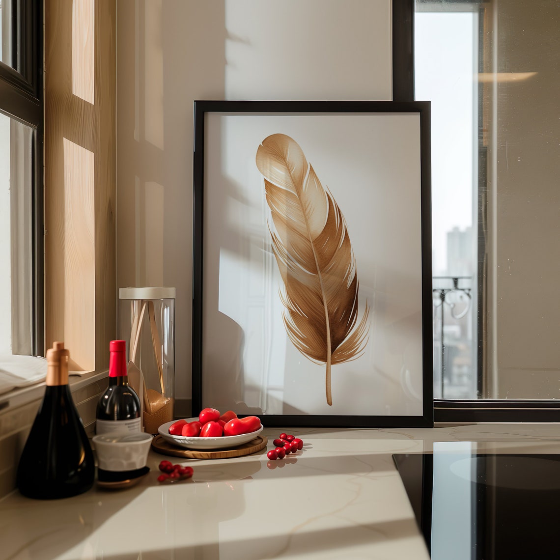 Golden Brown Feather Watercolor Elegant Botanical Art Poster - Image 3