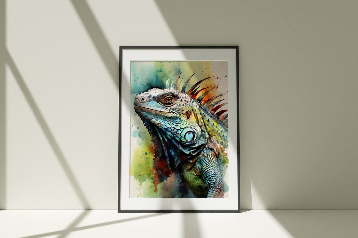 Iguana Watercolor Portrait Green Reptile Spiky Crest Art Poster - Image 3