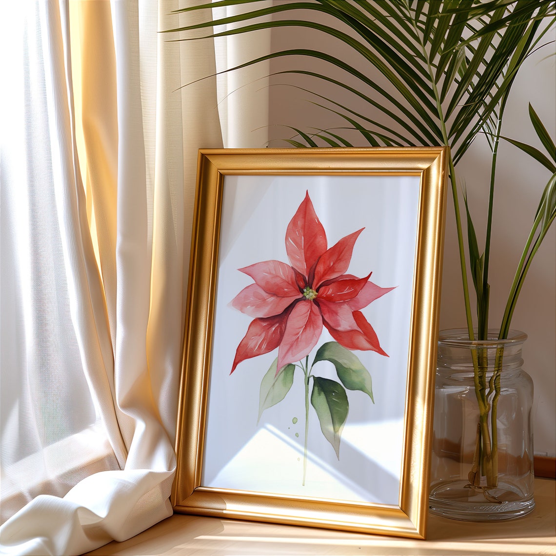 Red Poinsettia Watercolor Botanical Flower Holiday Decor Art Poster - Image 2