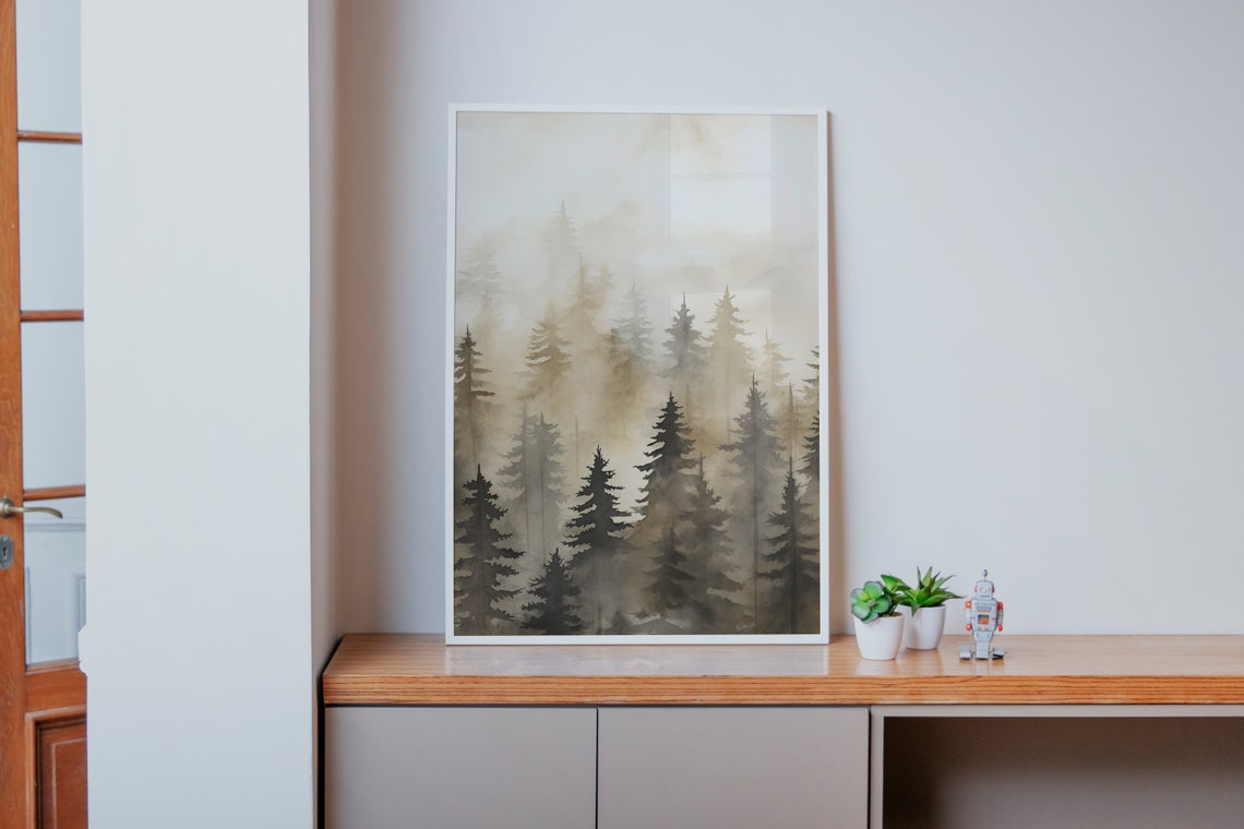 Misty Pine Forest Watercolor Foggy Evergreen Trees Wall Poster - Image 3