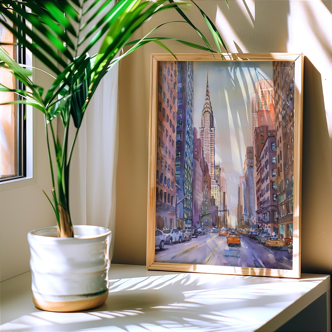 New York City Watercolor Chrysler Building Taxi Street Scene Poster - Image 4