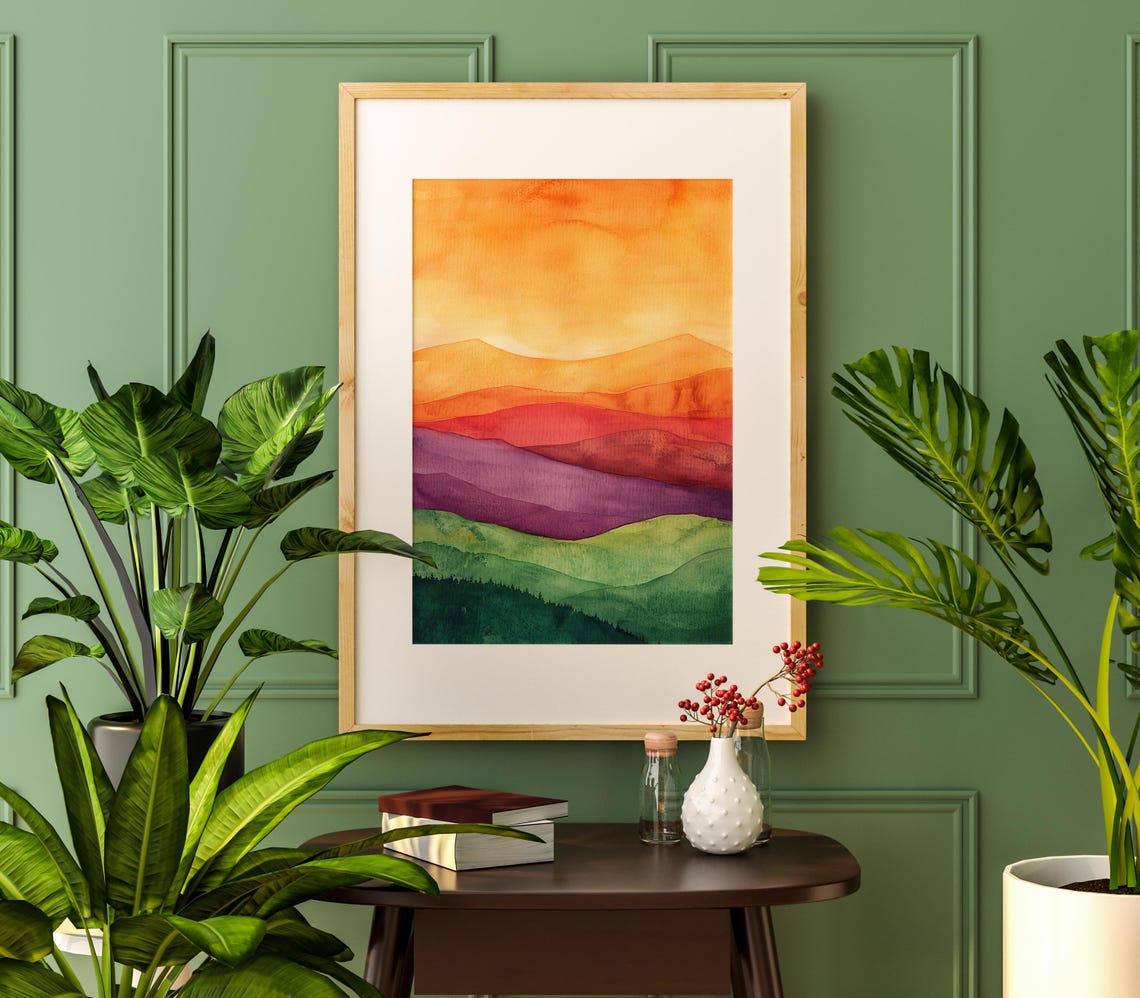 Rainbow Mountain Sunset Watercolor Layered Hillside Art Poster - Image 4