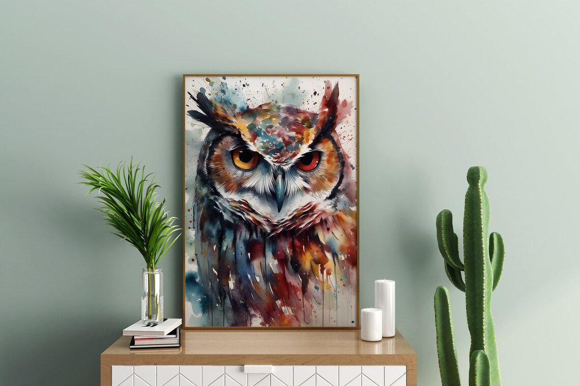 Great Horned Owl Colorful Watercolor Wildlife Portrait Poster - Image 3