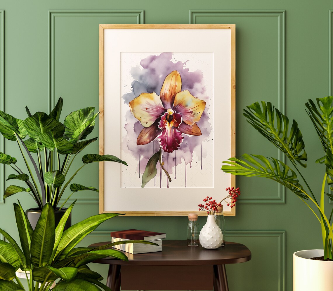 Gold Magenta Orchid Watercolor Exotic Bloom Purple Splash Art Poster - Image 5