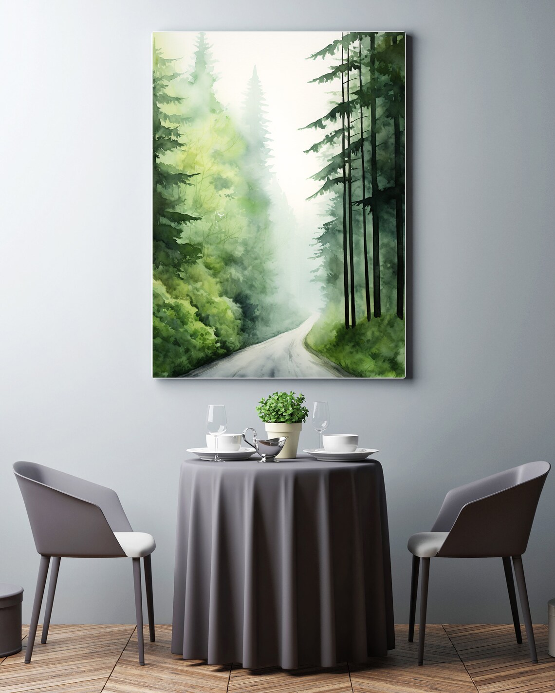Misty Green Pine Forest Road Watercolor Painting Poster for Calm Spaces - Image 5