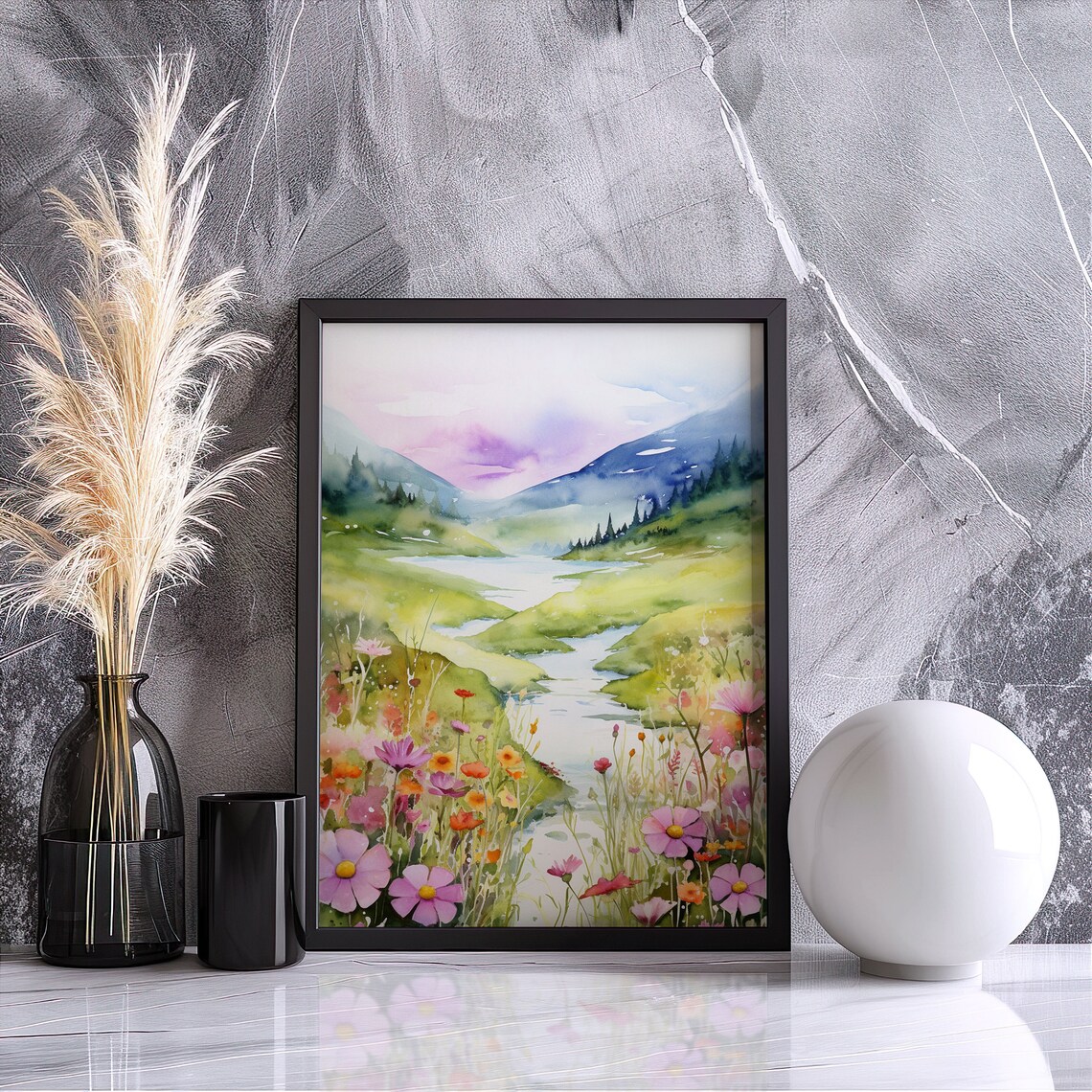 Wildflower River Valley Watercolor Painting Poster with Colorful Cosmos - Image 3