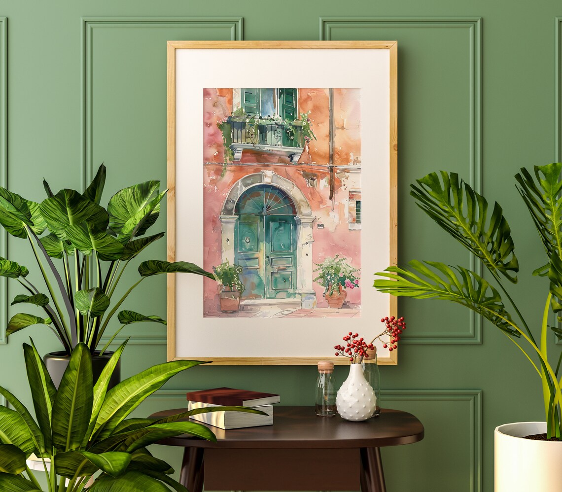 Italian Doorway Watercolor Balcony Old Town Europe Travel Art Poster - Image 3