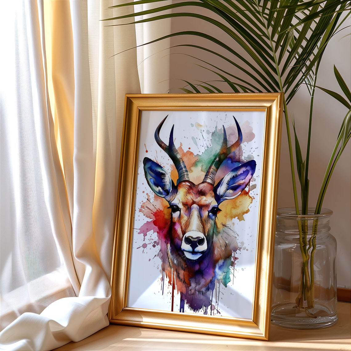 Deer Watercolor Portrait Young Buck Antlers Splash Art Poster - Image 3