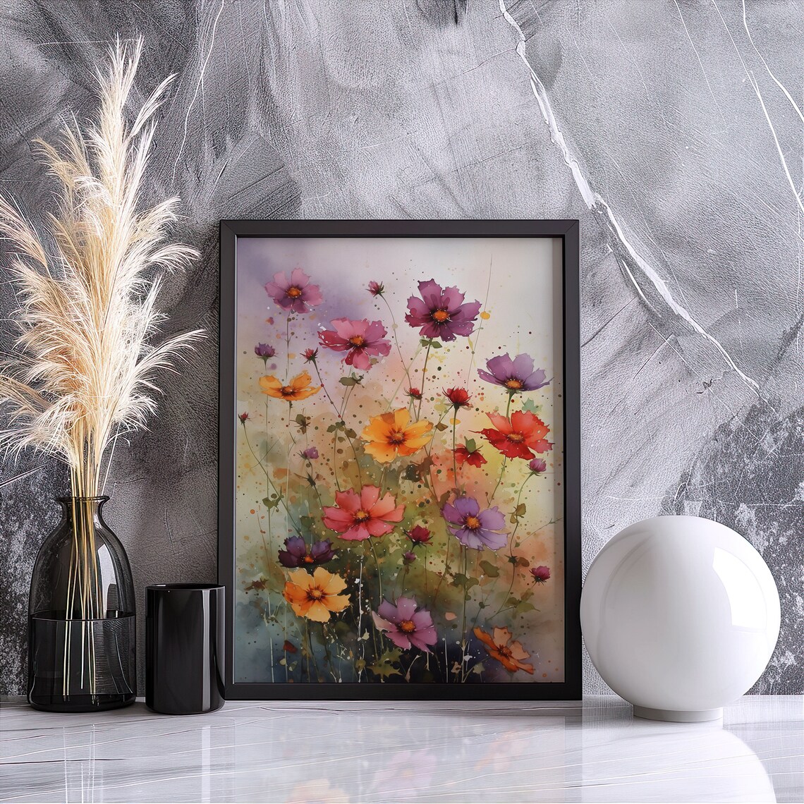 Colorful Cosmos Wildflowers Watercolor Vibrant Floral Art Poster - Image 3