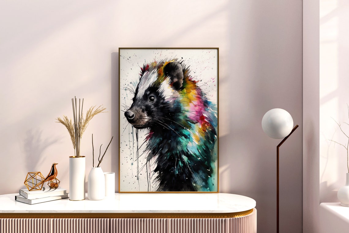Skunk Portrait Watercolor Rainbow Splash Wildlife Art Poster - Image 3