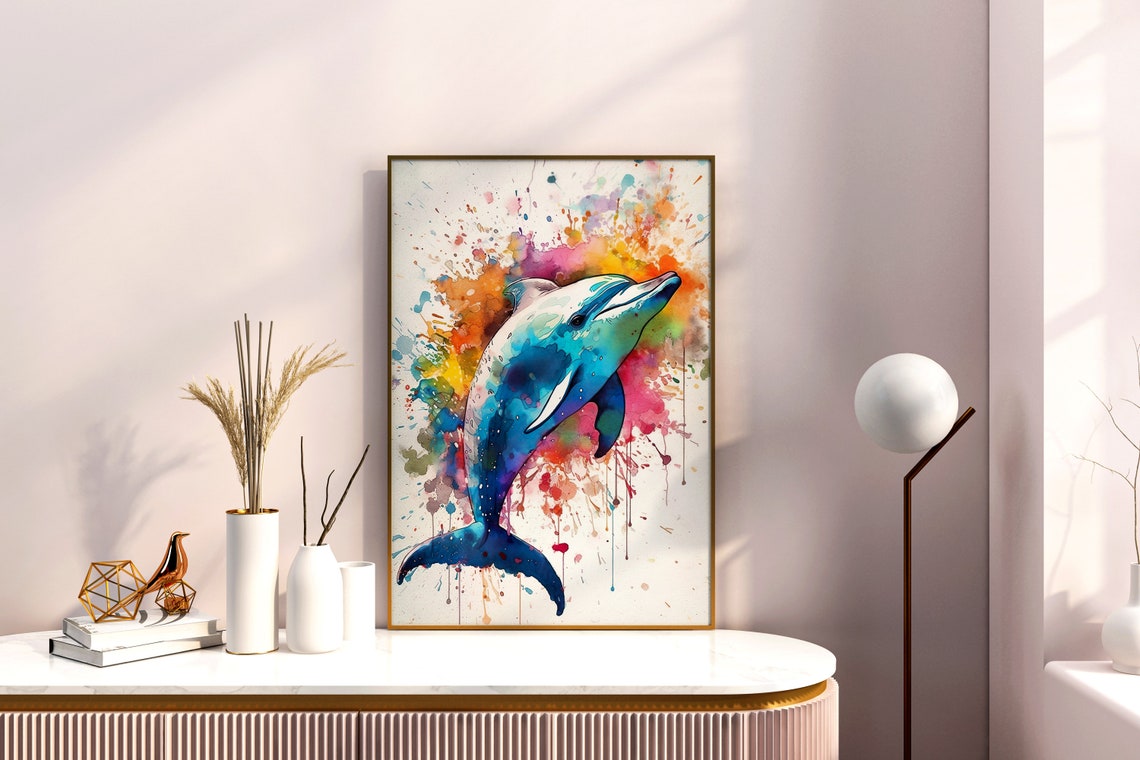 Leaping Dolphin Watercolor Portrait Blue Ocean Splash Art Poster - Image 3