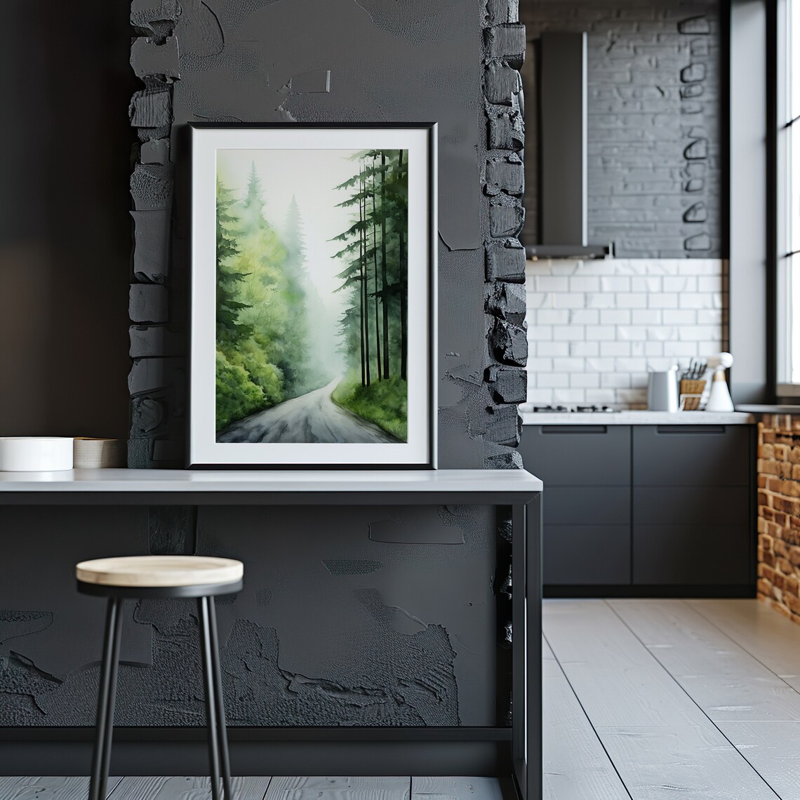 Misty Green Pine Forest Road Watercolor Painting Poster for Calm Spaces - Image 3