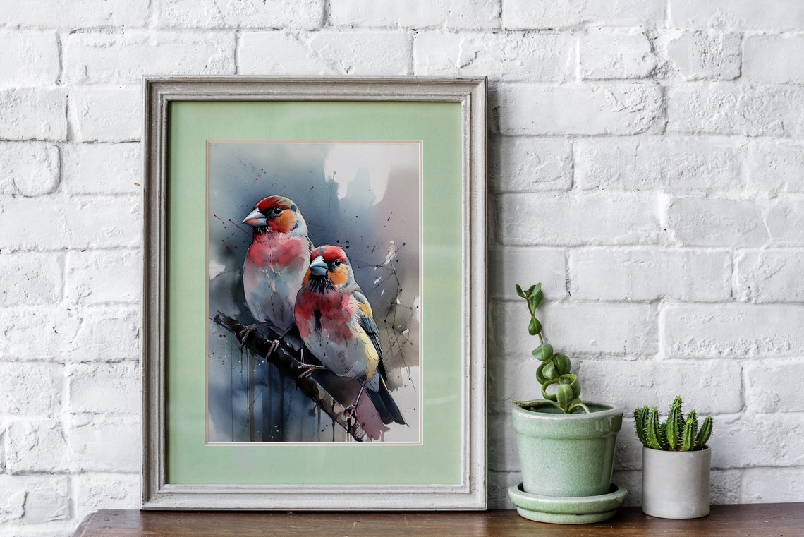Red Finch Birds Watercolor Perched Branch Songbird Art Poster - Image 5