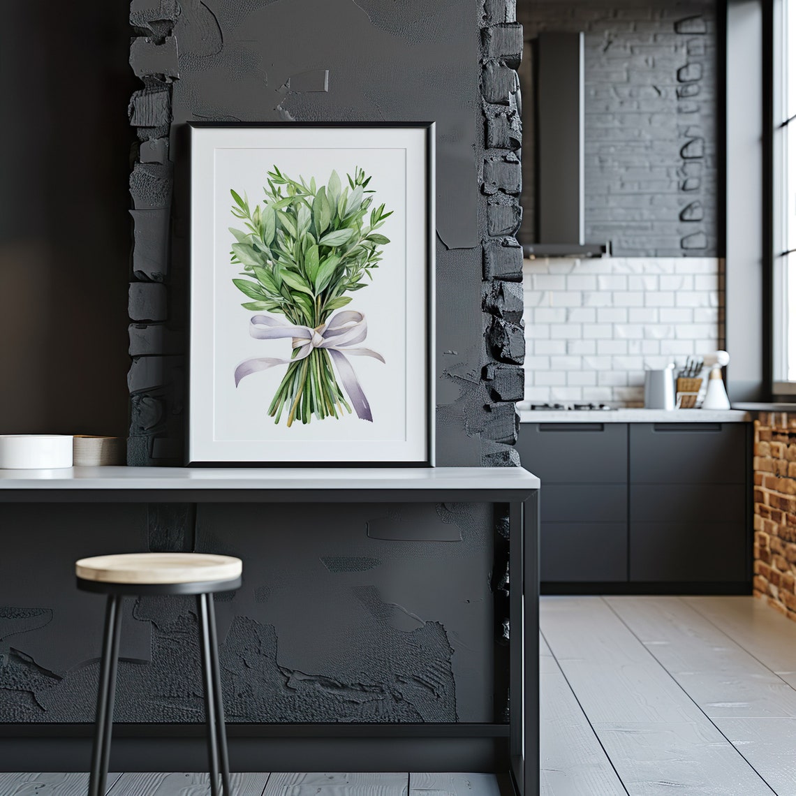 Green Herb Bunch Tied With Ribbon Watercolor Kitchen Art Poster - Image 3
