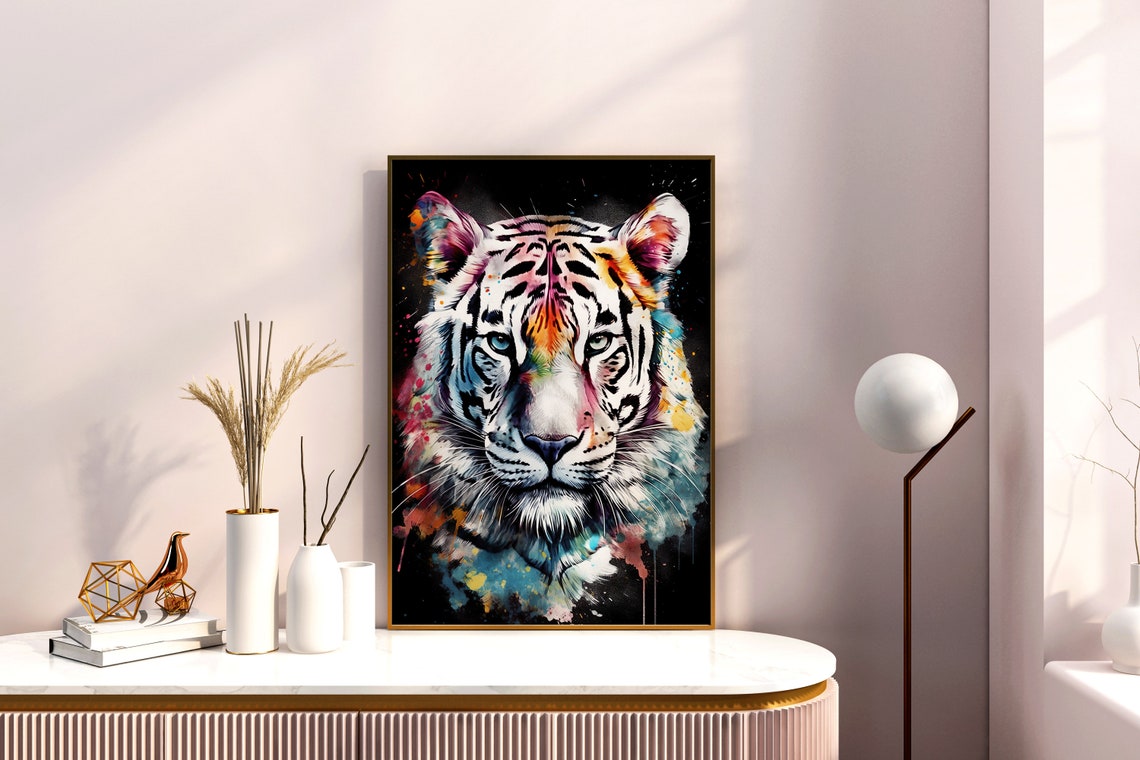 White Tiger Face Colorful Watercolor Black Background Art Poster - Image 5