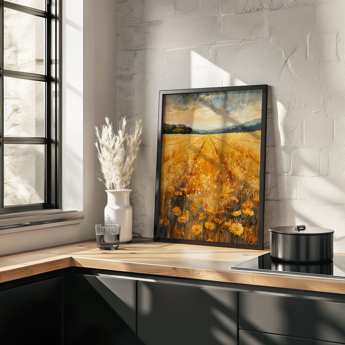 Golden Wheat Field With Daisies Watercolor Farm Landscape Poster - Image 3