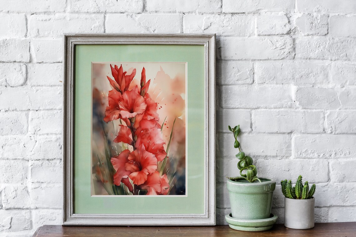 Red Gladiolus Watercolor Portrait Tall Coral Bloom Art Poster - Image 3