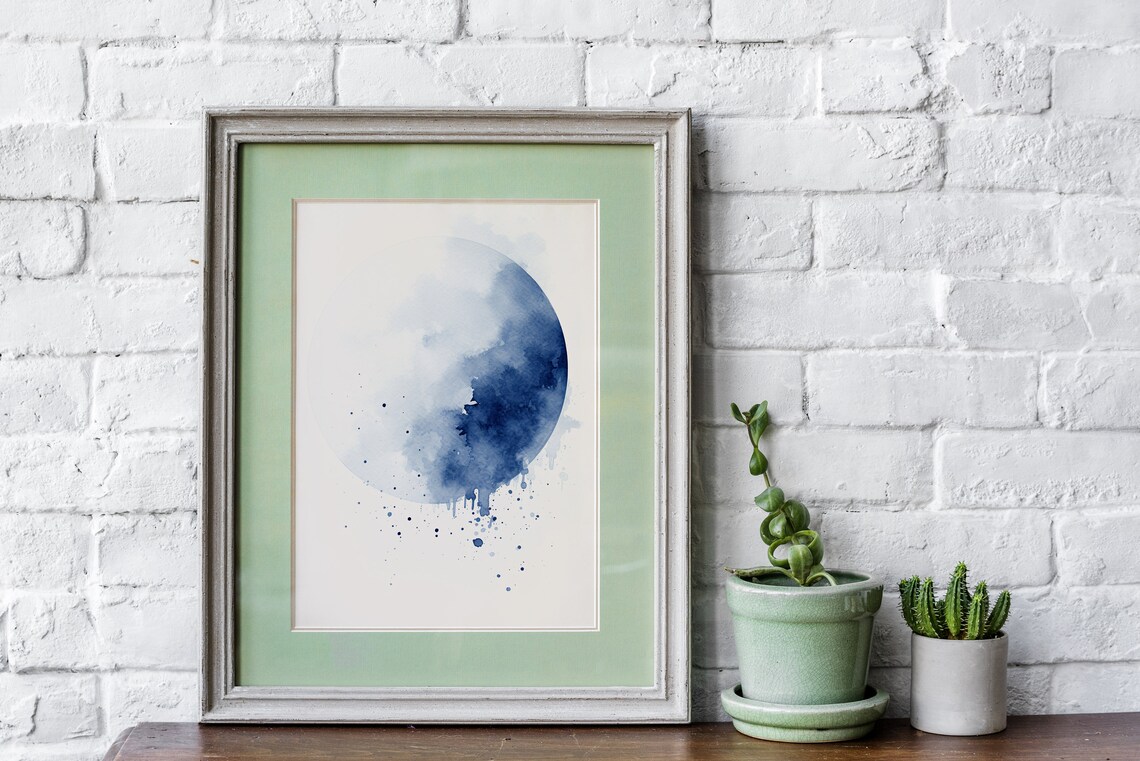 Blue Moon Watercolor Abstract Lunar Circle with Paint Splashes Art Poster - Image 5