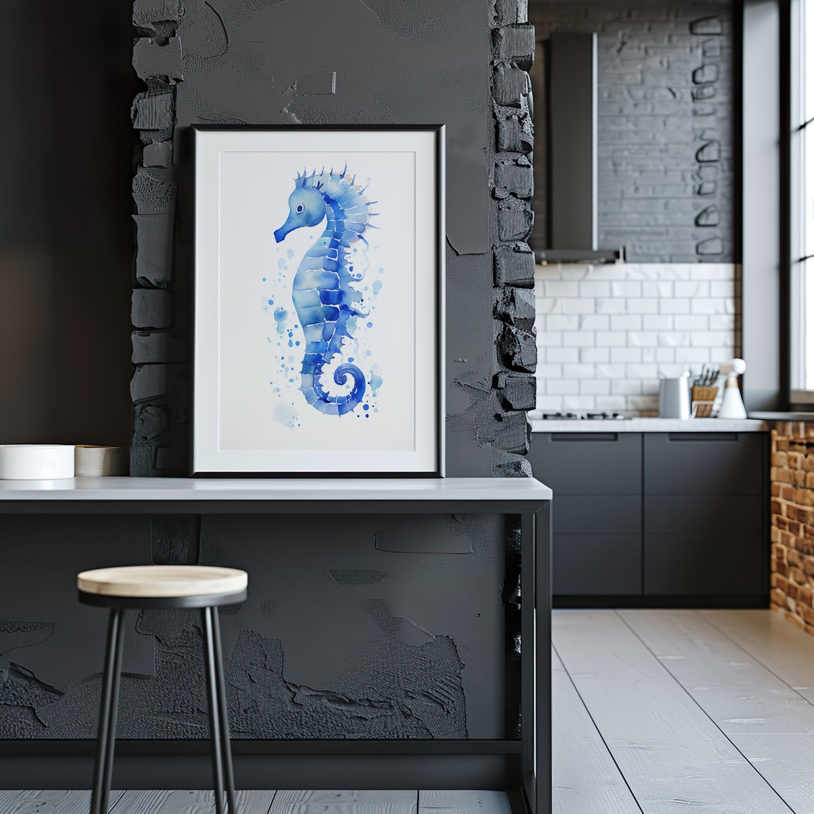 Blue Seahorse Watercolor Ocean Life Bubble Splash Art Poster - Image 4