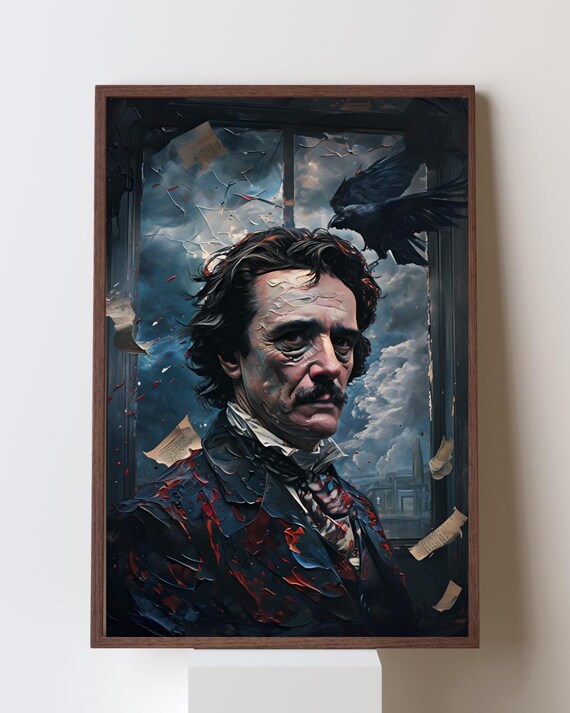 Edgar Allan Poe Gothic Portrait with a Raven at a Stormy Window Poster