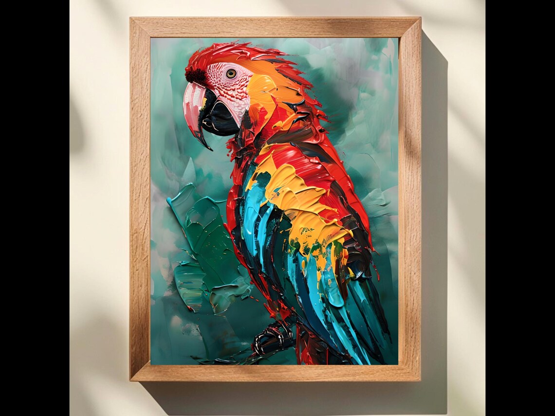Scarlet Macaw Parrot Tropical Impasto Teal Background Bird Art Poster