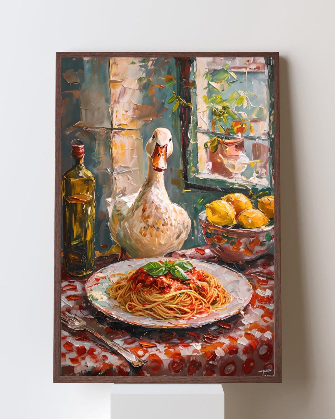 Funny White Duck with Spaghetti Plate Italian Kitchen Art Print