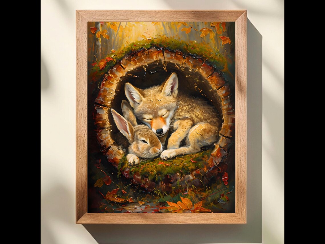 Wolf Pup Bunny Cuddling Hollow Log Forest Painting Art Poster