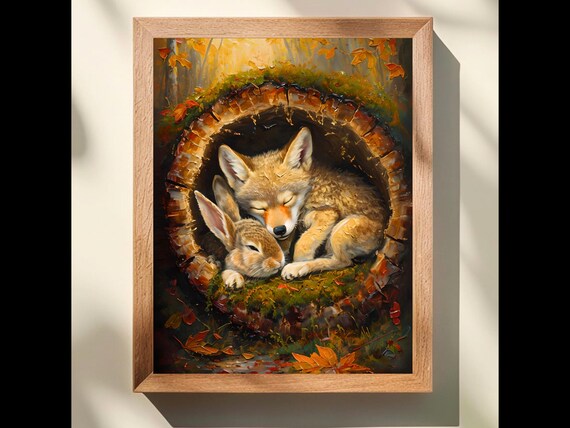 Wolf And Bunny Nursery Print Gentle Forest Animal Friendship