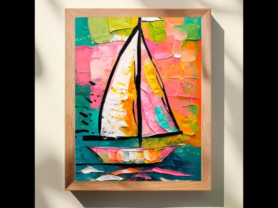 Colorful Sailboat Sailing Boat Modern Coastal Art Impasto Painting Dopamine Decor Cute Apartment Joyful My Happy Place