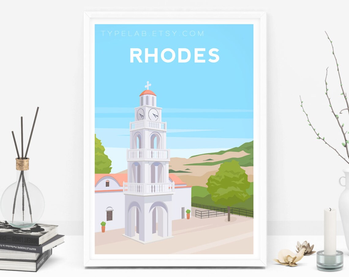 Rhodes Greece Bell Tower Church Illustrated Island Travel Poster - Image 2