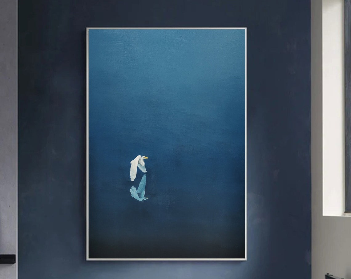 Emerald Blue Abstract Painting White Bird Flight Minimalist Wall Art