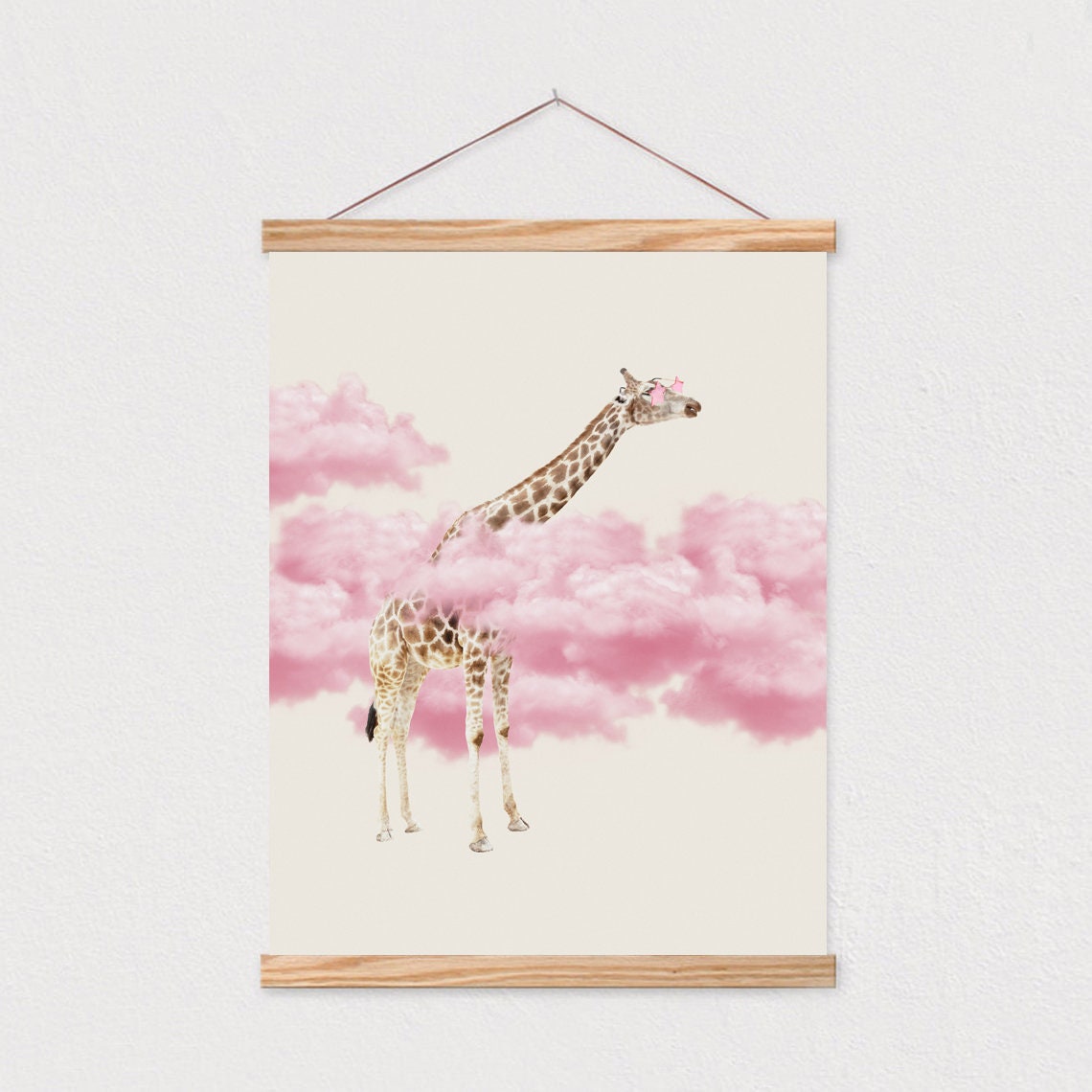 Giraffe in Pink Sunglasses Among Pink Clouds Nursery Wall Poster