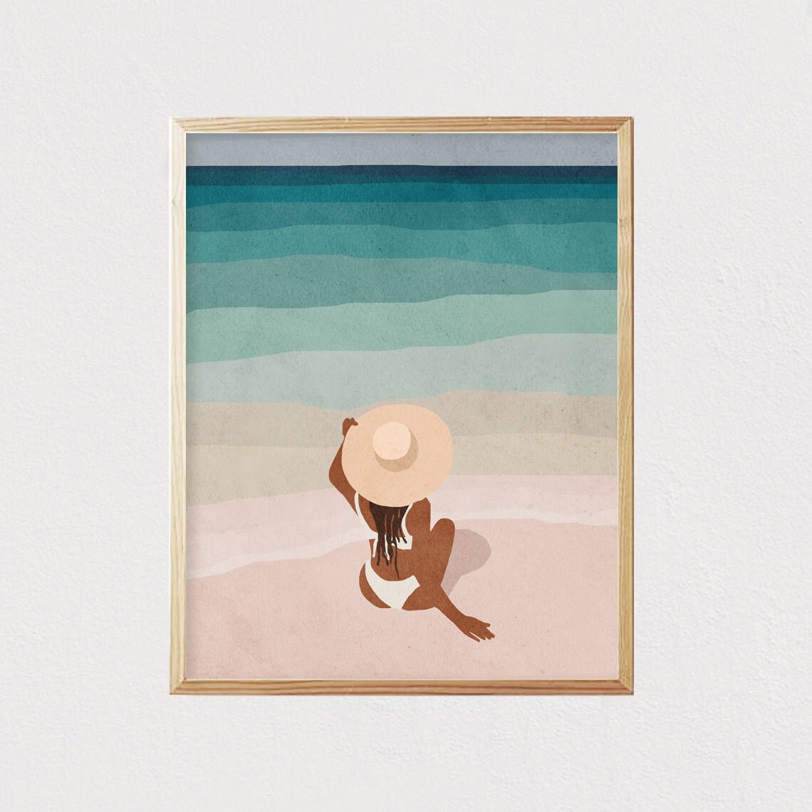 Boho Woman in Hat Beach Portrait, Mid-Century Art Print