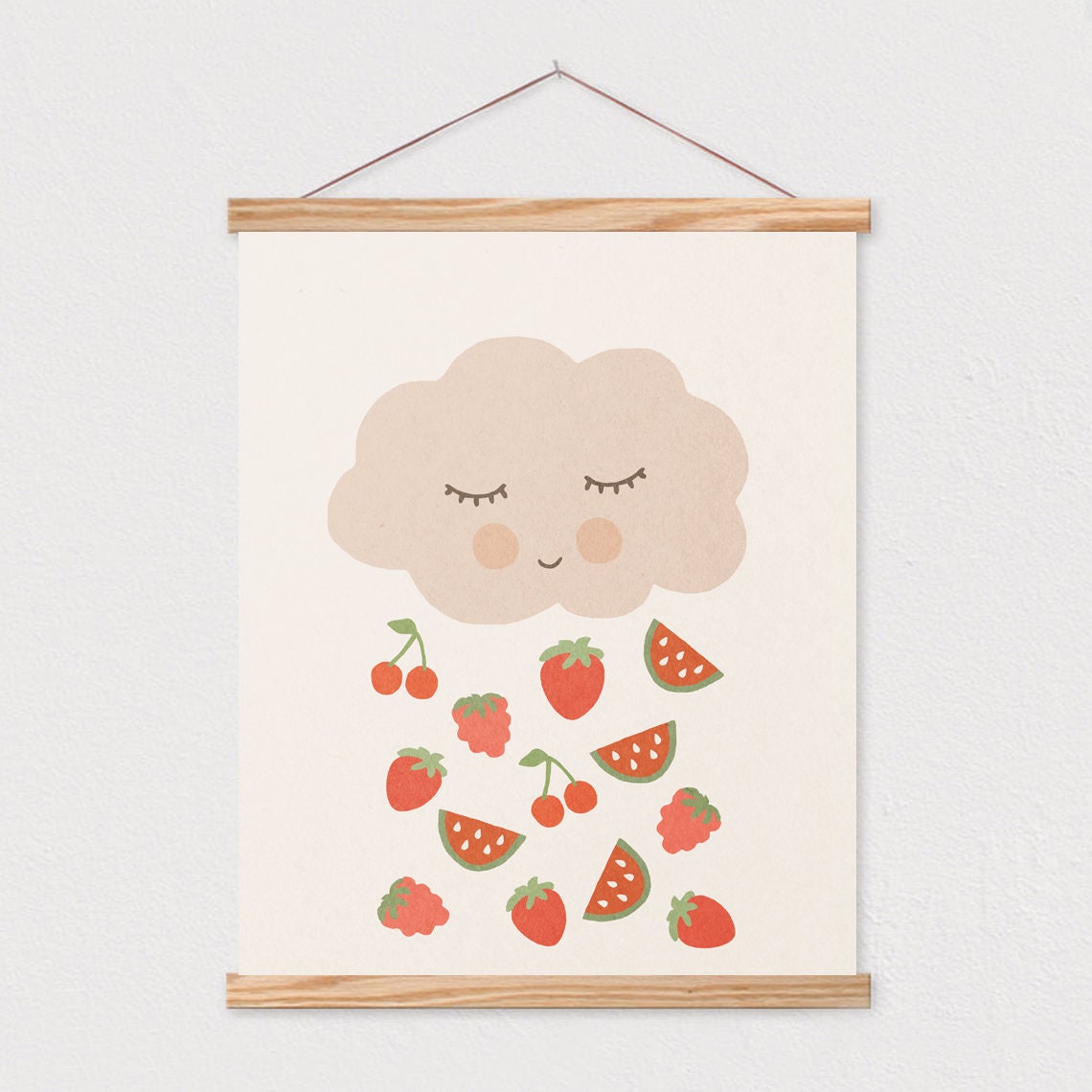 Smiling Cloud Raining Fruit Sweet Boho Kids Nursery Room Poster - Image 2