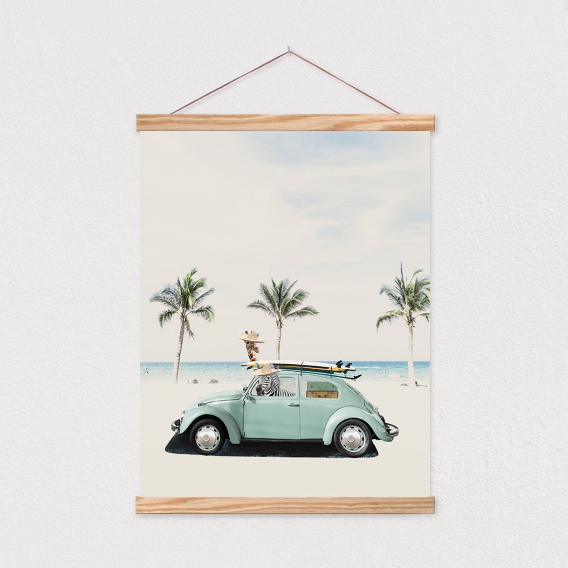 Giraffe Zebra Retro Beach Car Surf Trip Funny Animal Decor Poster
