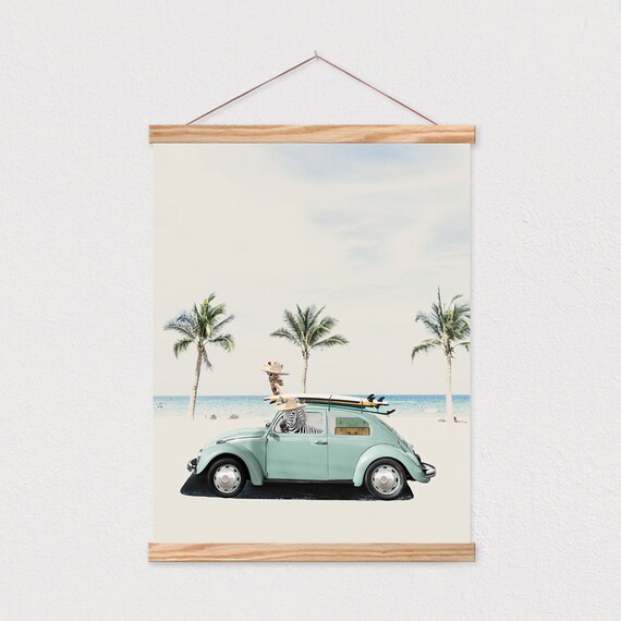 Giraffe Zebra Retro Beach Car Surf Trip Funny Animal Decor Poster