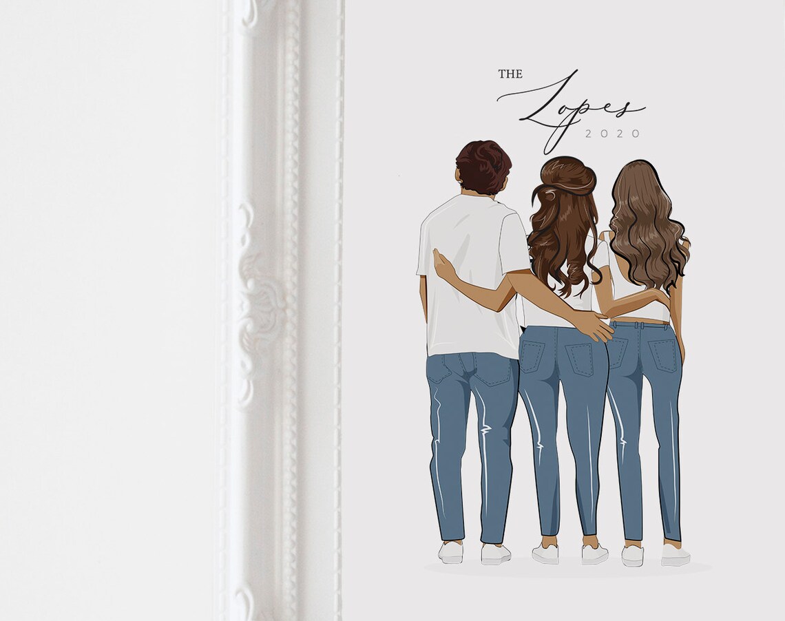Personalized Family of Three Portrait Custom Name and Year Wall Art