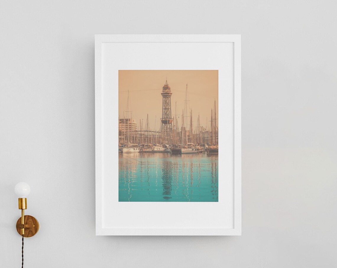 Barcelona Harbor Marina Sailboats Cable Car Tower Sunset Poster - Image 4